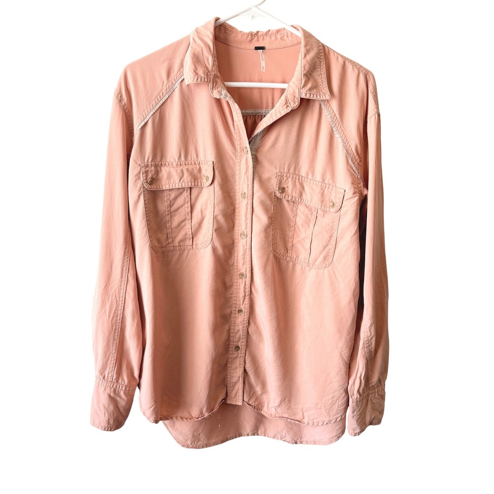 Free People Peach Tencel Lyocell Metallic Trim Off Campus Button Down M